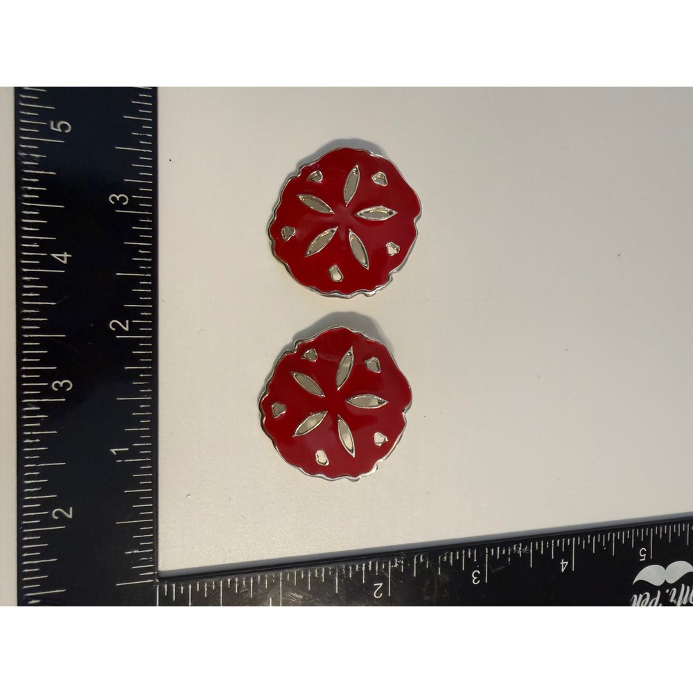 Red Enamel Sand Dollar Stud Earrings Silver Tone Coastal Beach Jewelry 1.25 Inch
